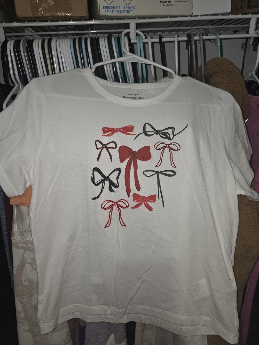 Abercrombie & Fitch White Short-Sleeve Tee with Red and Black Bow Motif